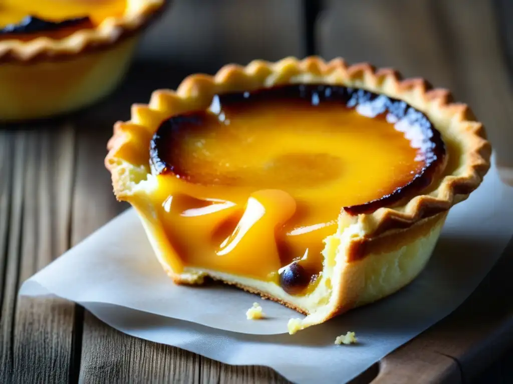 Delicioso Pastel de Nata: Tradición Portuguesa en cada bocado Deliciosa Pastel de Nata portugués en una mesa de madera rústica, destacando su crujiente corteza dorada y relleno de crema, con un toque de canela