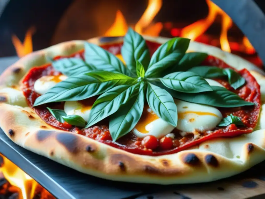 Una deliciosa pizza italiana recién salida del horno de leña, con bordes crujientes y queso derretido