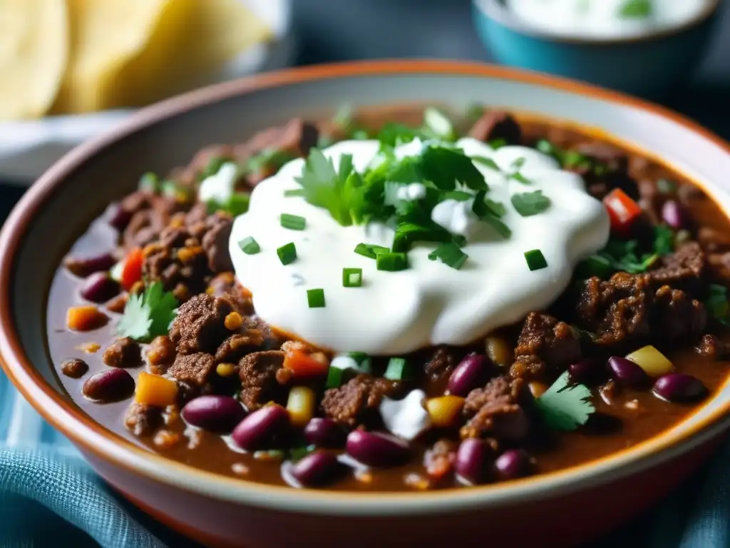 Deliciosa evolución de platos icónicos TexMex: un tazón de chili con carne humeante y colorido, con cilantro fresco, cebolla picada y crema agria