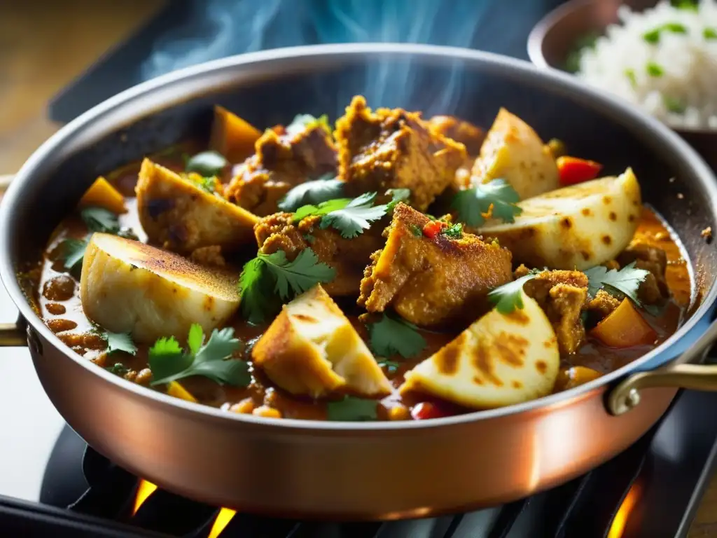 Deliciosa karahi de pollo con especias, vapor y brillo de la cocina del Raj Británico