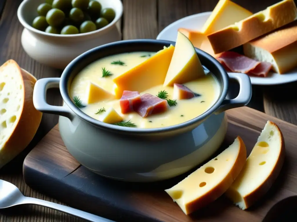 Deliciosa fondue de queso suizo en caquelón rodeada de pan, encurtidos y embutidos