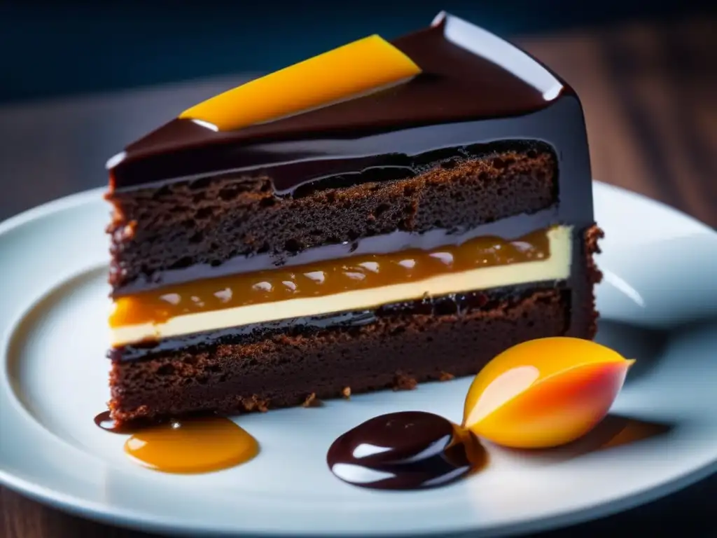 Deliciosa rebanada de Sacher Torte austríaca, con capas de bizcocho de chocolate y mermelada de albaricoque, cubierta de glaseado brillante