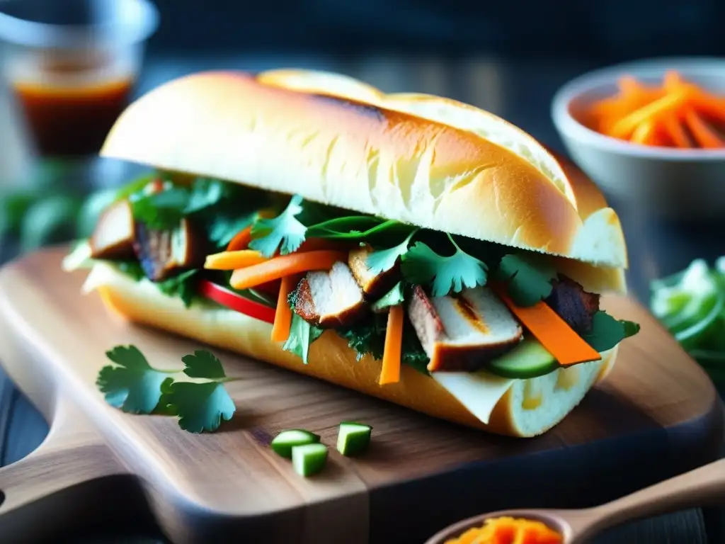 Deliciosa receta histórica cocina vietnamita: banh mi con cerdo, vegetales encurtidos y cilantro fresco en baguette crujiente