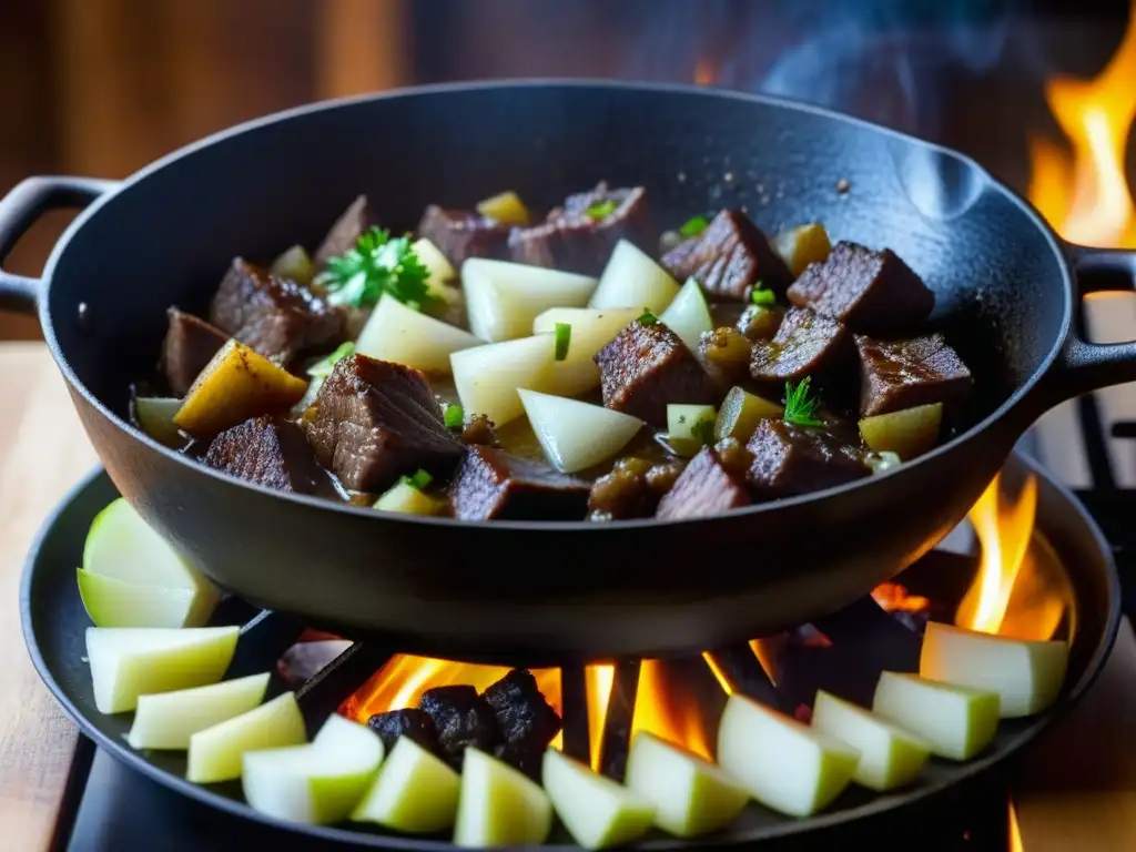 Deliciosa receta histórica europea Revolución Industrial: estofado de carne en sartén de hierro