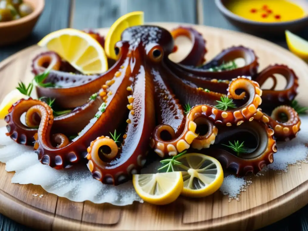 Deliciosa receta histórica de Pulpo a la Gallega en plato de madera rústico, con tentáculos brillantes y condimentos tradicionales en mercado gallego