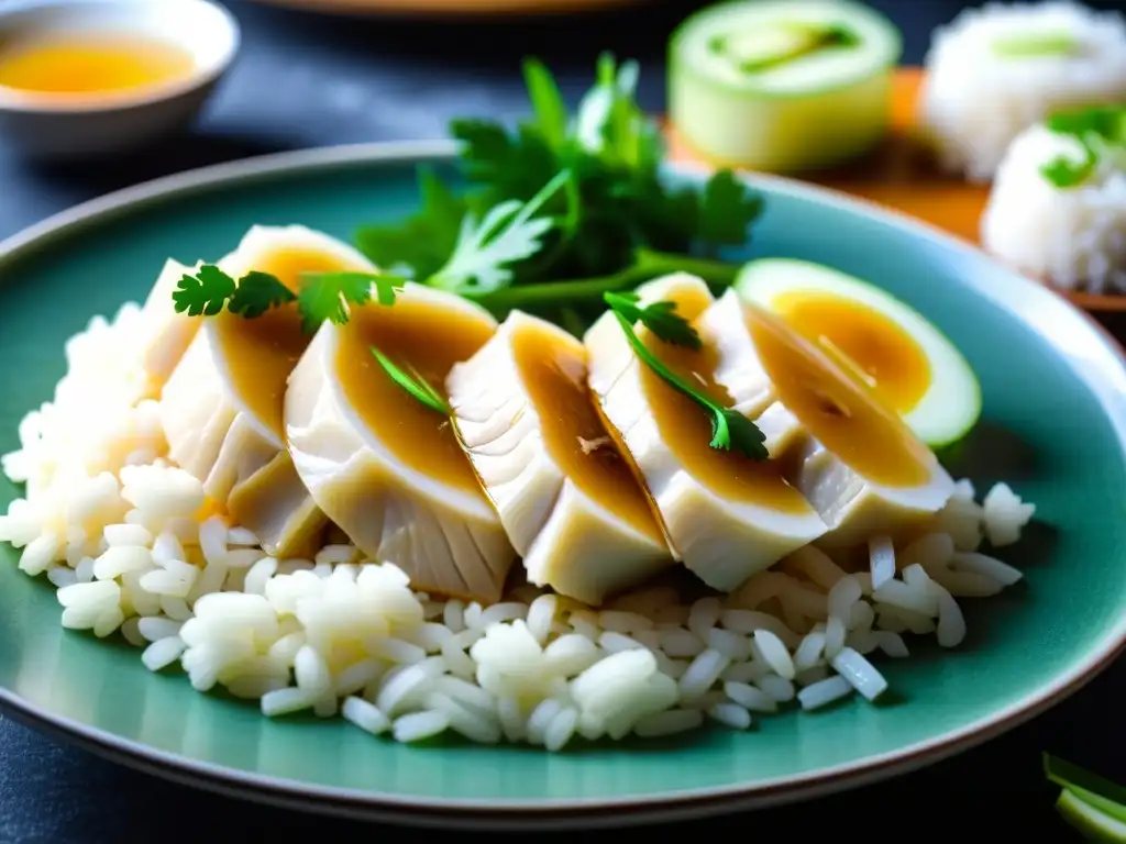 Deliciosa receta de Hainanese Chicken Rice: pollo jugoso sobre arroz fragante, con cilantro y pepino frescos