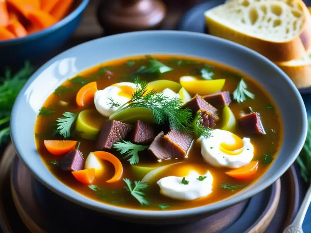 Una deliciosa receta de Solyanka, historia rusa, con carne, encurtidos y verduras, coronada con crema agria y eneldo fresco