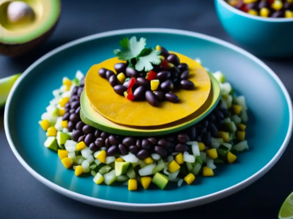 Deliciosa receta TexMex vegana contemporánea con jackfruit sazonado, frijoles negros, aguacate y salsa de maíz asado en un plato moderno y colorido