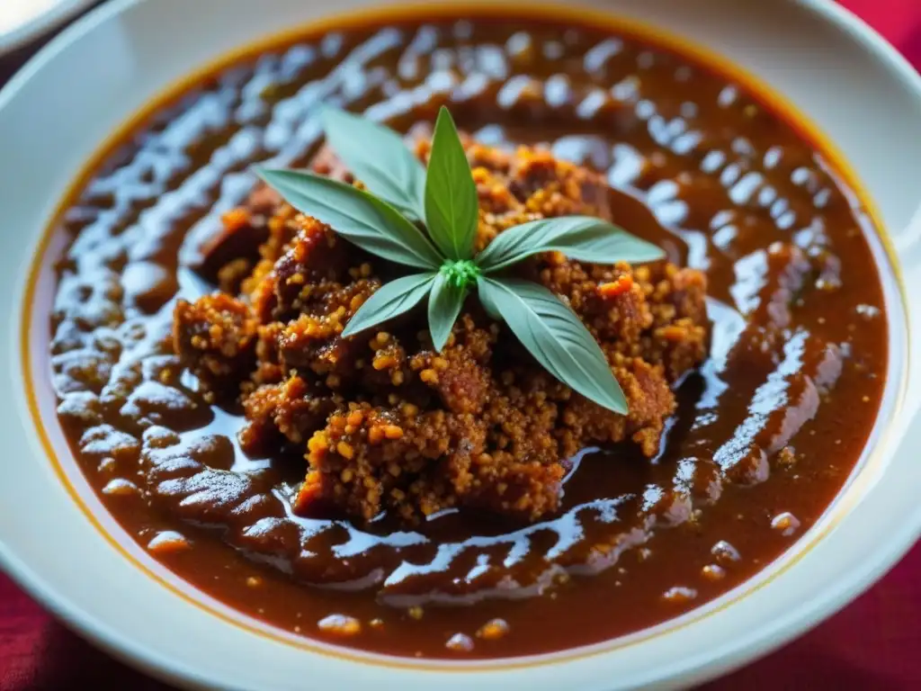 Deliciosa receta tradicional harissa armenia en un bowl rojo vibrante con trigo, carne y especias, todo bajo una suave iluminación