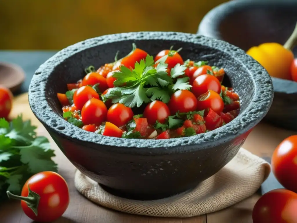 Deliciosa salsa roja en molcajete mexicano, evocando la gastronomía mexicana revolucionaria