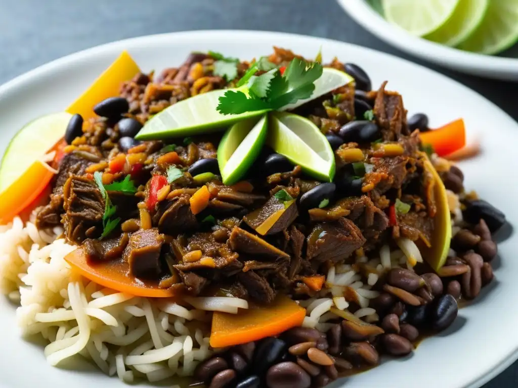 Deliciosa Ropa Vieja cubana con carne desmenuzada en salsa de tomate, servida con arroz y frijoles negros, destacando la cocina cubana siglo XX