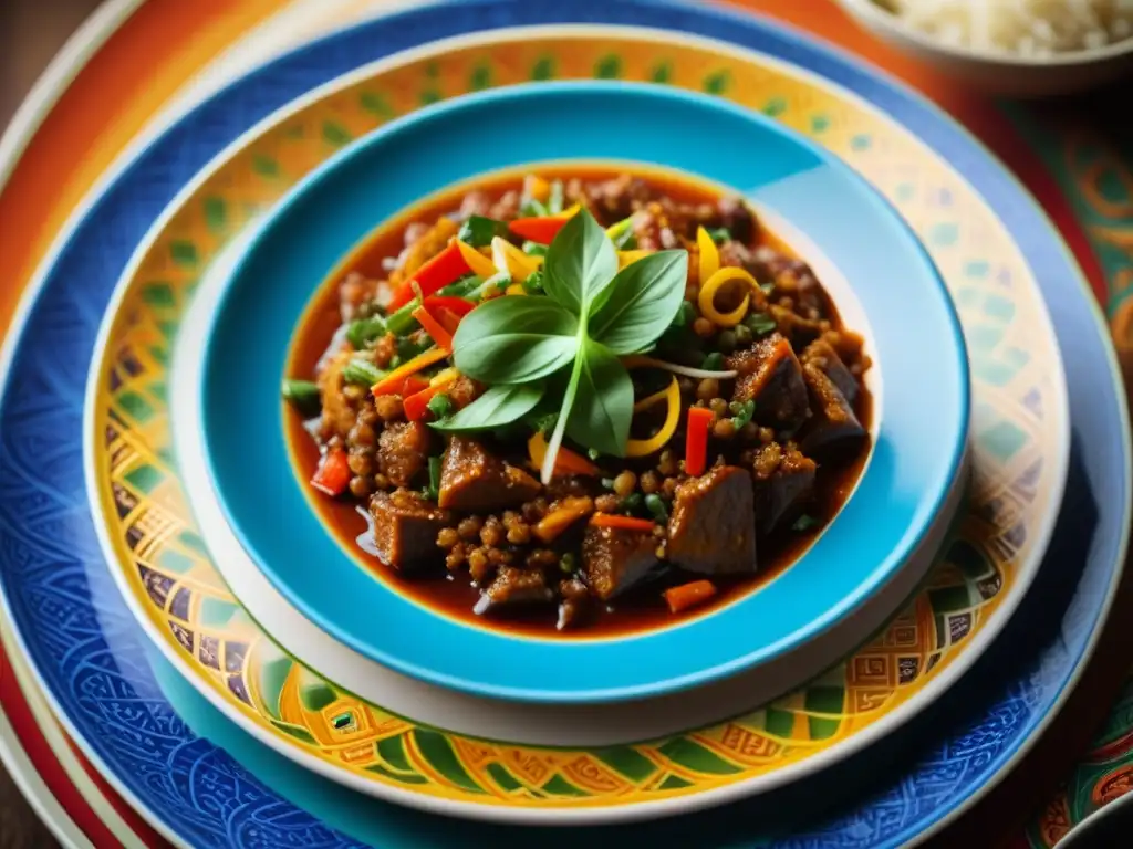 Deliciosa fusión de sabores y colores en plato cerámico, reflejando la Alimentación durante invasiones mongolas India