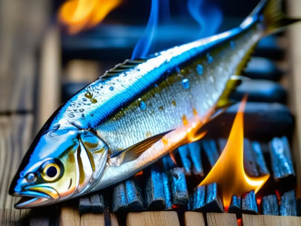 Deliciosa sardina azul y plateada cocinándose a la parrilla sobre llamas abiertas