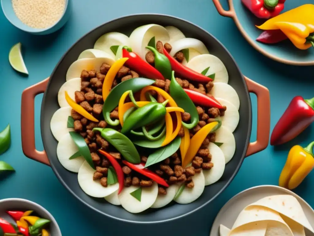 Deliciosa sartén de fajitas vegana con pimientos, cebolla y proteína, capturando la esencia de Recetas TexMex veganas contemporáneas