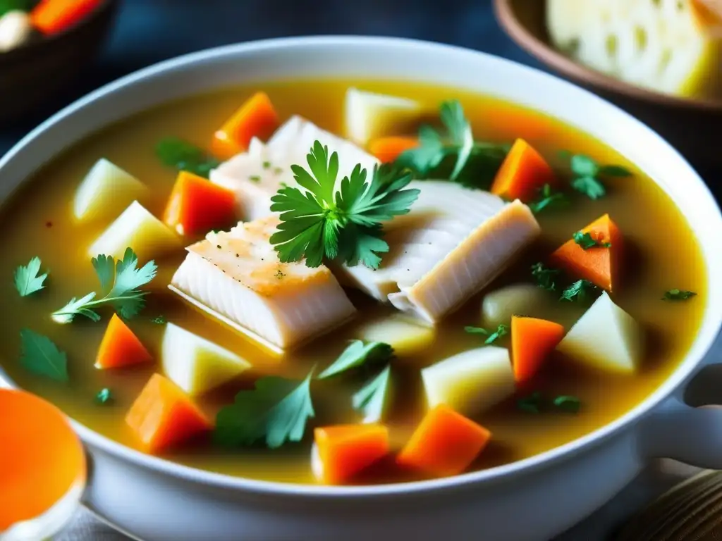 Una deliciosa sopa de pescado rusa Ukha con trozos de pescado, verduras y hierbas flotando en un caldo claro y humeante