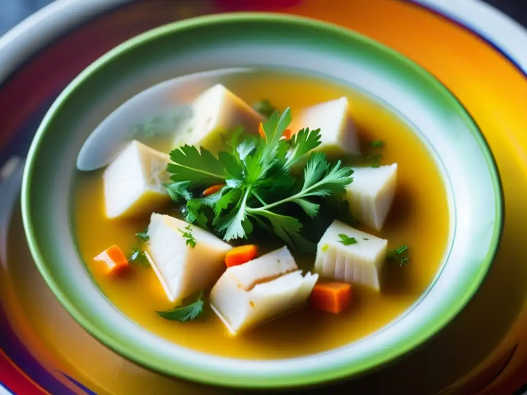 Una deliciosa sopa de pescado rusa Ukha con vibrantes colores y vapor envolvente