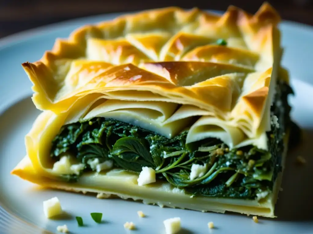 Deliciosa spanakopita griega con capas de hojaldre, espinacas, queso feta y hierbas aromáticas