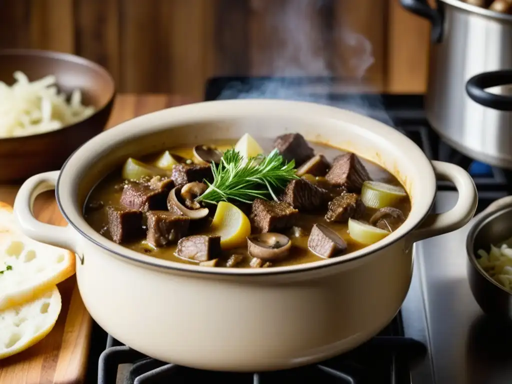 Deliciosa preparación de Beef Stroganoff en olla, con carne, cebolla y champiñones en salsa cremosa