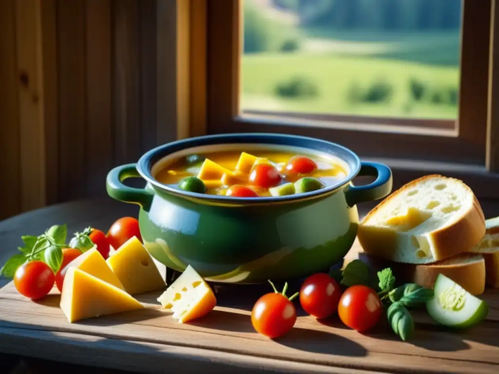 Deliciosa fondue suiza en chalet alpino con pan, tomates y pepinillos