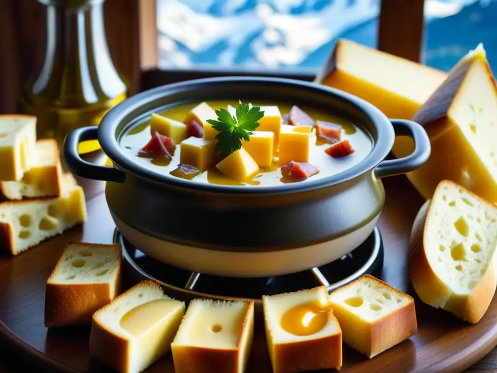 Deliciosa fondue suiza en los Alpes: queso derretido, pan y embutidos en un ambiente acogedor y tradicional