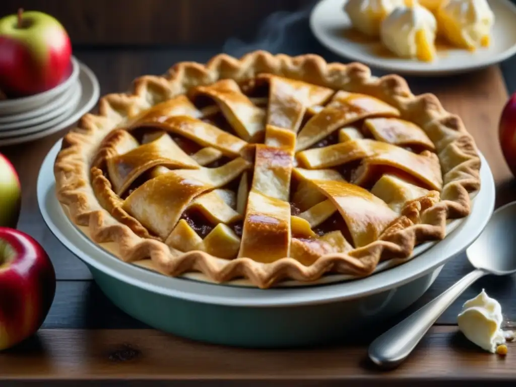 Deliciosa tarta de manzana americana en mesa rústica, con crema batida y canela