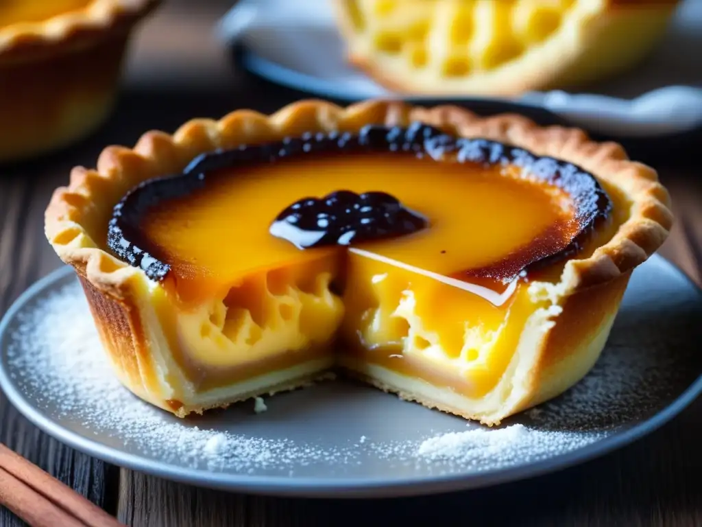 Deliciosa tarta portuguesa Pastel de Nata en una mesa de madera rústica con canela y azúcar, evocando la presencia portuguesa en cocina brasileña