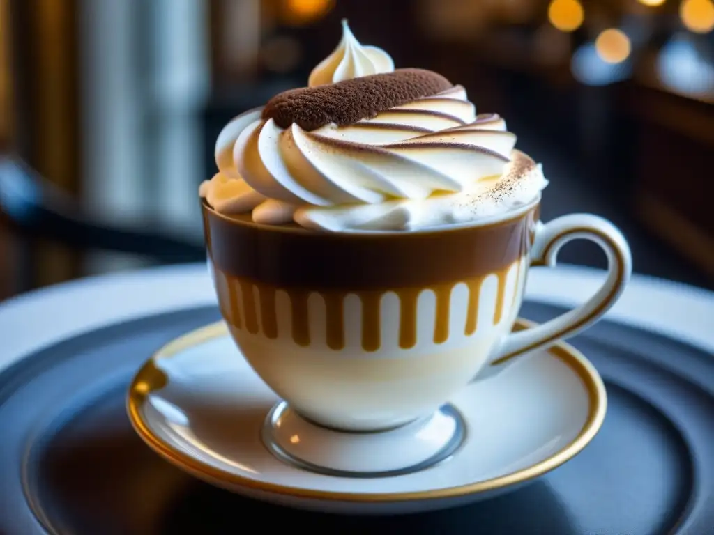 Una deliciosa taza de café vienés con crema y cacao, en un elegante café vienés con historia del café vienés