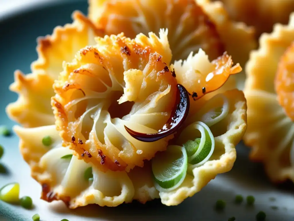 Delicioso tempura de camarón crujiente y dorado Deliciosa tempura de camarón dorado y crujiente, con detalles y texturas que evocan el origen y evolución de la tempura japonesa