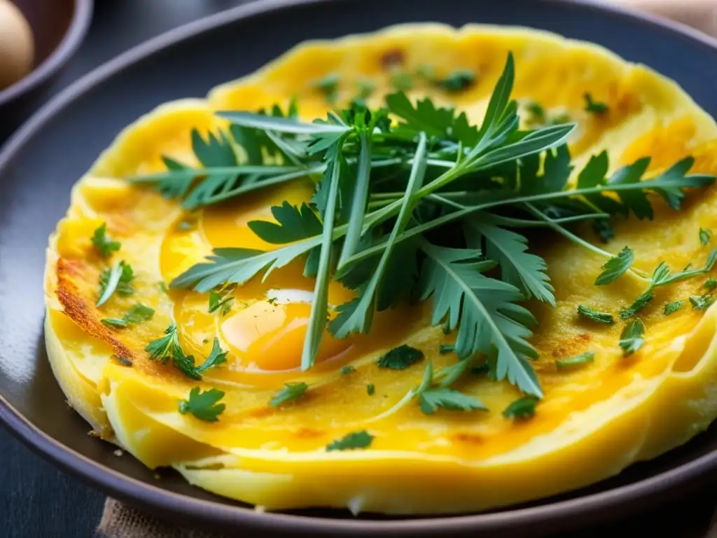 Deliciosa tortilla española en plato rústico, resaltando capas de papas y huevo