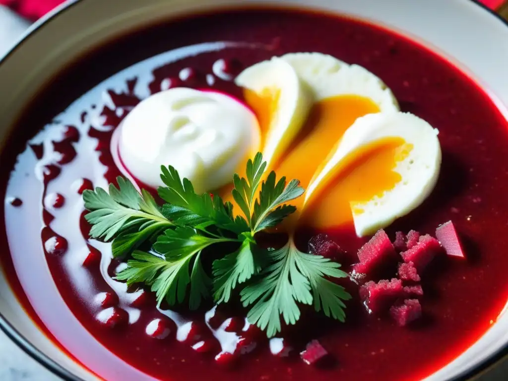 Deliciosa sopa Borsch tradicional en mesa de los Zares, con colores vibrantes y detalles exquisitos