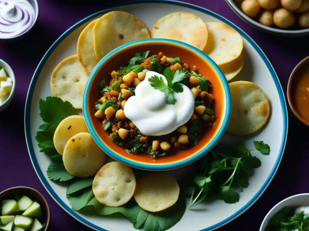 Deliciosa variedad de chaat en India con puri crujiente, chutney de tamarindo y masala picante, todo colorido y apetitoso