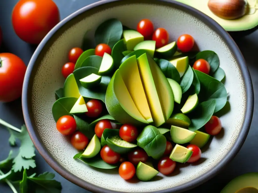 Deliciosa ensalada azteca vibrante de jícama, nopales, tomates y aguacate en un tazón de barro, resaltando nutrientes y colores frescos