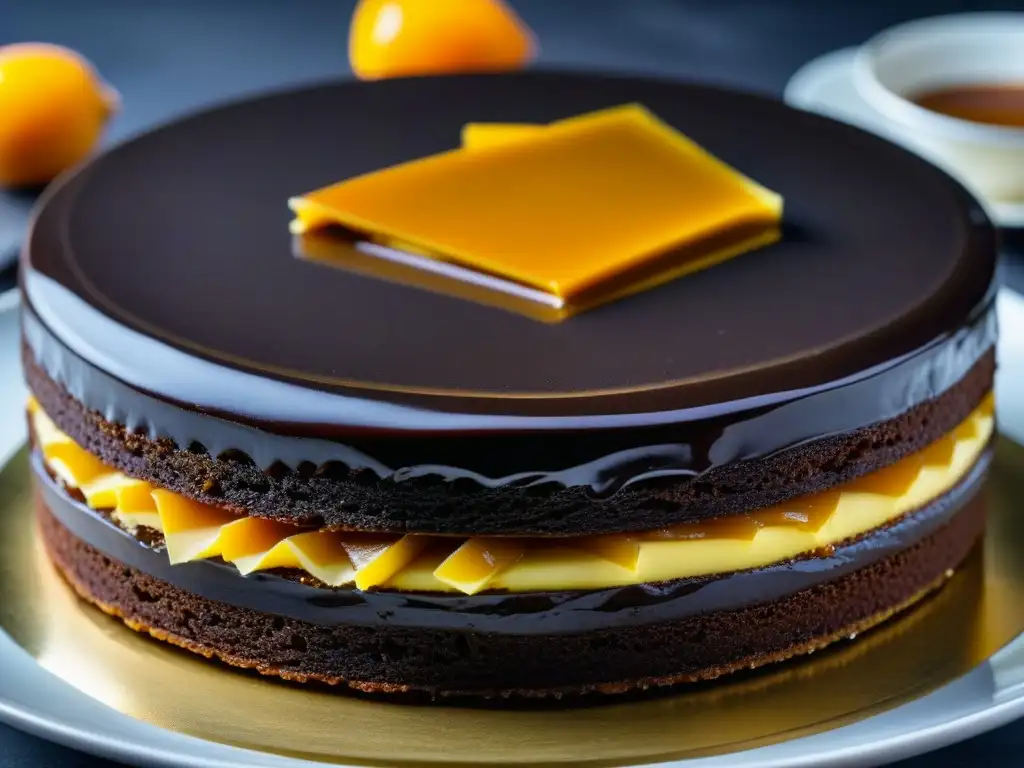 Deliciosa Sacher Torte vienesa: rebanada perfecta con capas de bizcocho, mermelada de albaricoque y ganache de chocolate