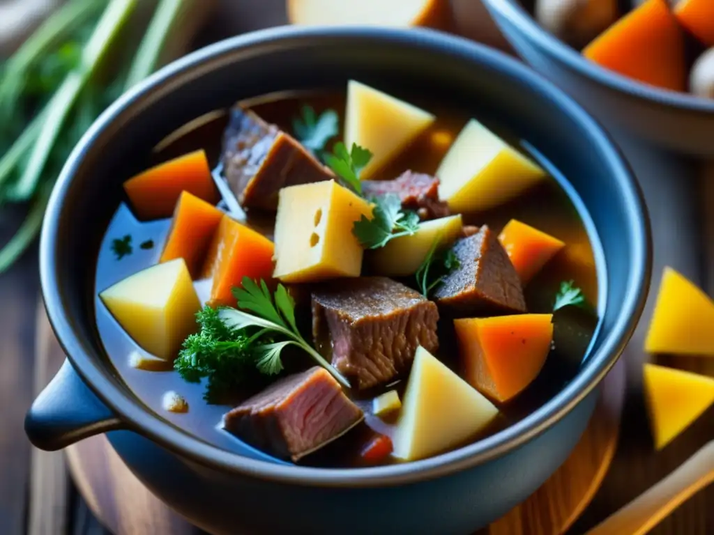 Deliciosa sopa vikinga con carne, verduras y hierbas en caldo sabroso