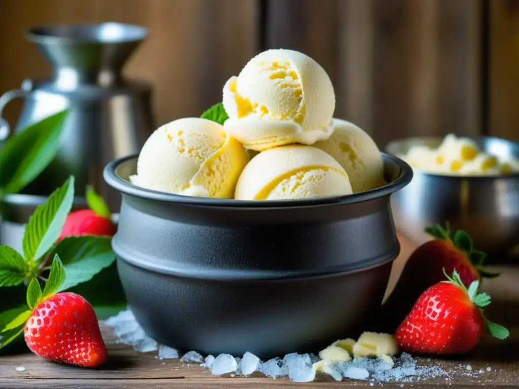 Deliciosa heladería vintage con Recetas históricas de helado gourmet en mesa rústica con fresas frescas y tazones antiguos