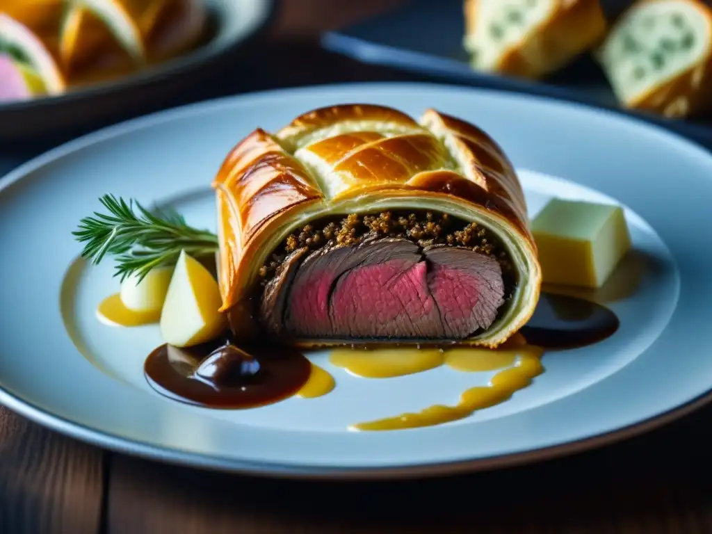 Deliciosa vista detallada de un exquisito Beef Wellington, una de las recetas emblemáticas de la época dorada culinaria