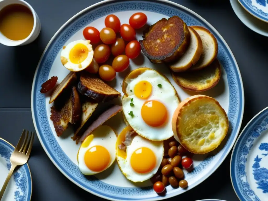 Una deliciosa vista detallada del tradicional Full English Breakfast, resaltando la influencia cultural del desayuno inglés