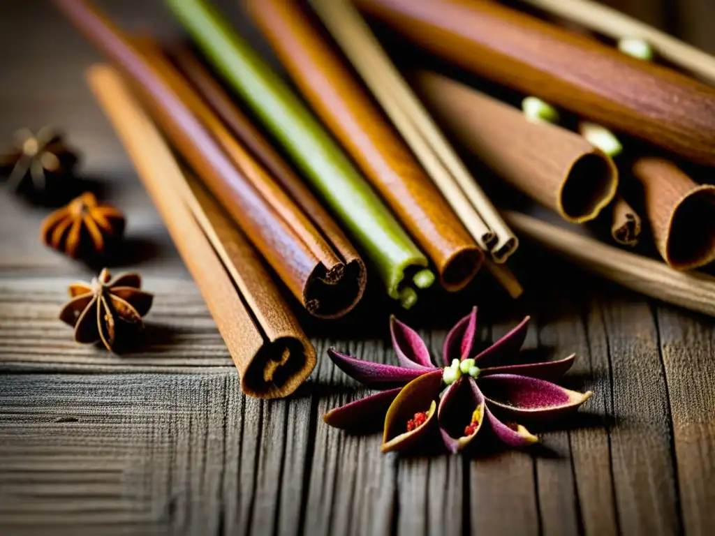 Deliciosas especias portuguesas en mesa de madera rústica: canela, clavo y cardamomo