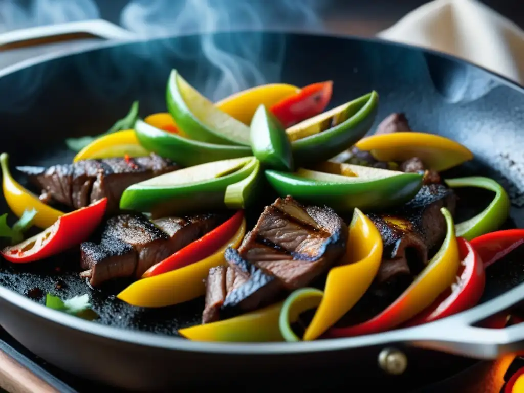 Deliciosas fajitas en sartén de hierro fundido, carne, pimientos y cebollas