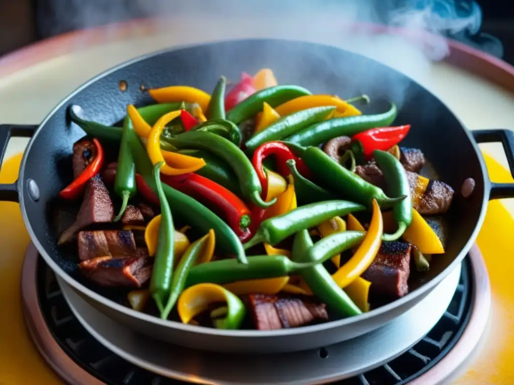 Deliciosas fajitas sizzling en una sartén de hierro caliente, fusion culinaria TexMex historia