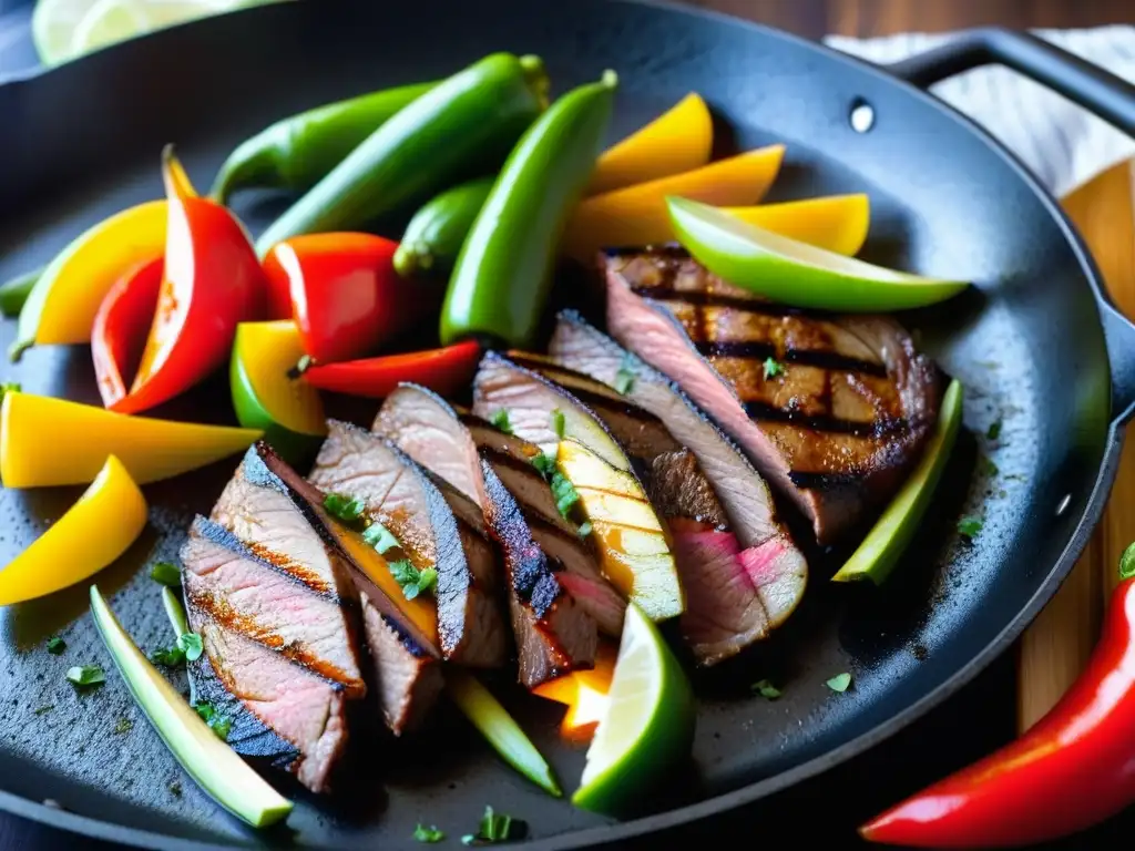 Deliciosas fajitas sizzling en sartén, evolución platos icónicos TexMex historia