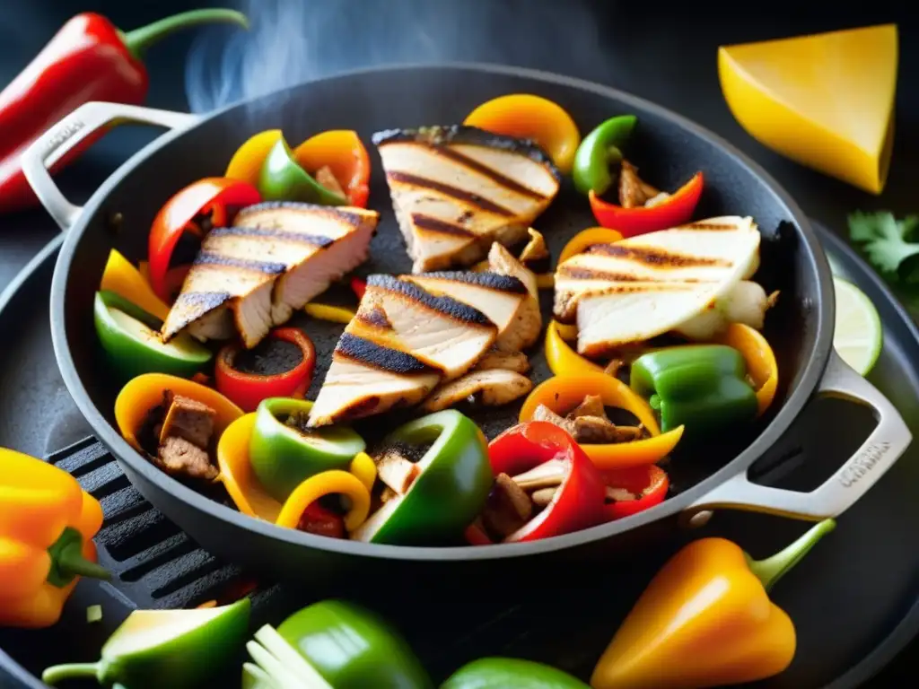 Deliciosas fajitas sizzling en sartén de hierro, resaltando los colores y texturas de TexMex