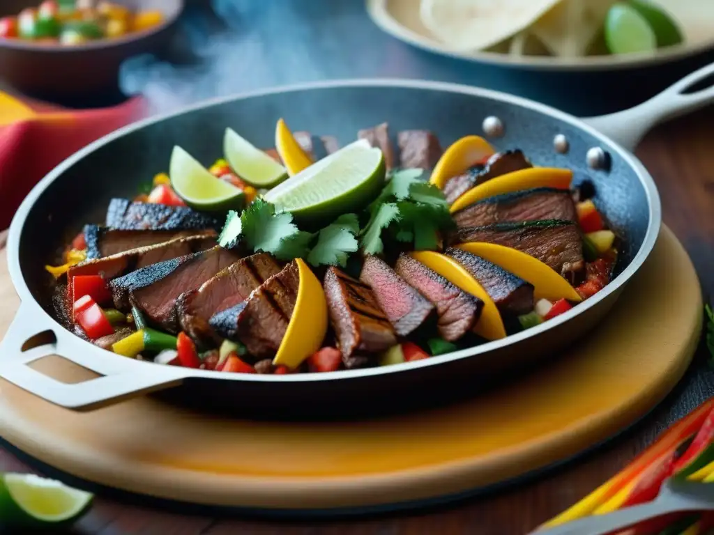 Deliciosas fajitas TexMex con influencias culinarias indígenas en un sartén caliente