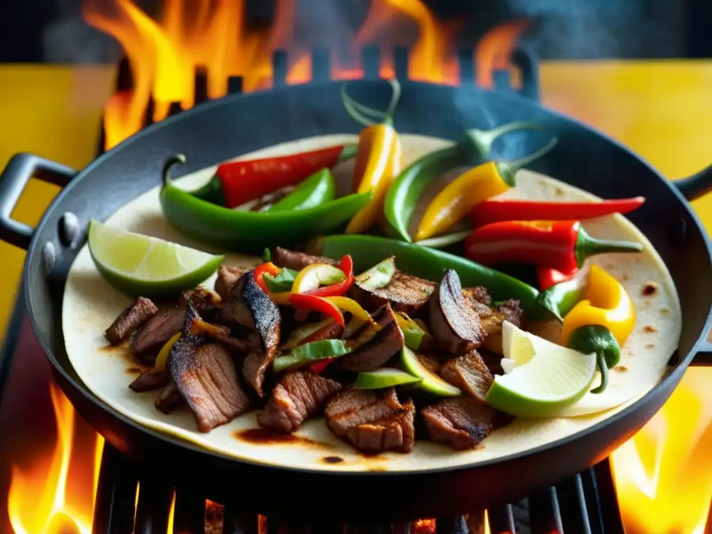 Deliciosas fajitas texmex sizzling en un sartén caliente, resaltando colores y texturas