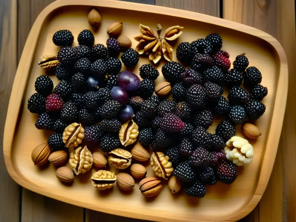 Delicias Vikingas: Moras y Nueces en Platter Rustico Deliciosas frutas y nueces en plato rústico evocan la dieta vikinga con su belleza y texturas