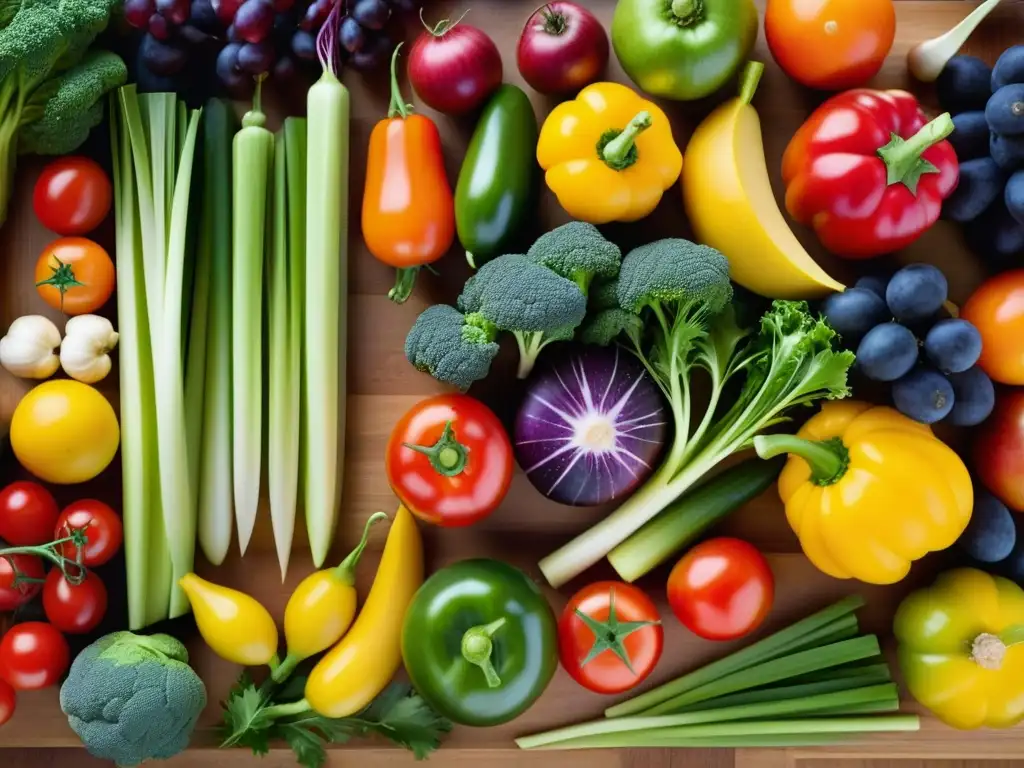 Deliciosas frutas y verduras coloridas en tabla de madera