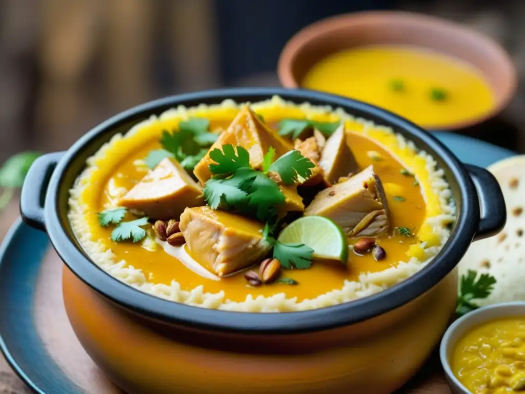 Delicioso Ají de Gallina en olla de barro, con ingredientes y sabores tradicionales