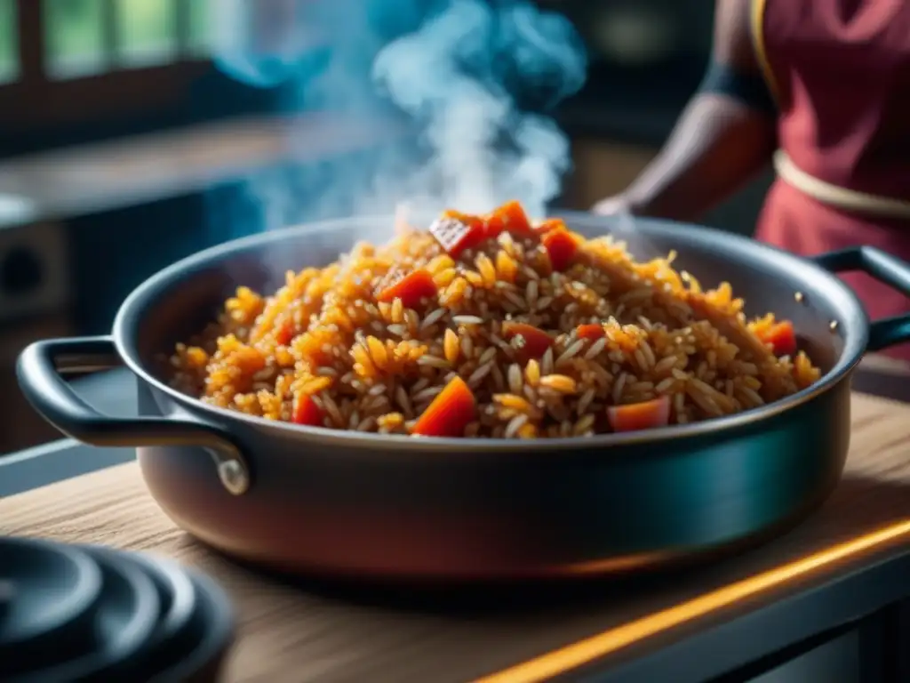 Delicioso arroz jollof africano cocinado con esmero en una cocina tradicional, reflejando autenticidad culinaria y maestría