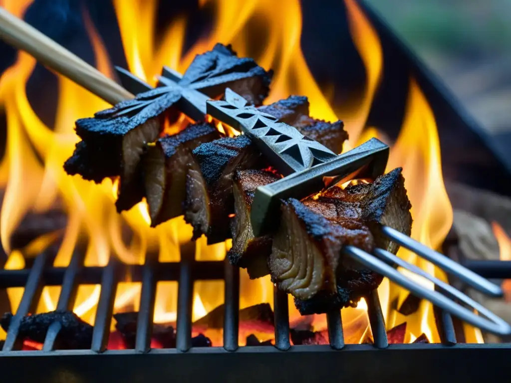 Delicioso asado al palo en Patagonia: carne jugosa y crujiente bajo las llamas, en un ambiente salvaje y rústico