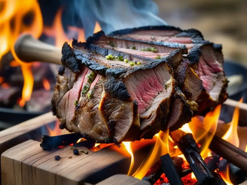 Delicioso asado al palo en Patagonia: cordero sazonado cocinándose lentamente sobre las llamas abiertas